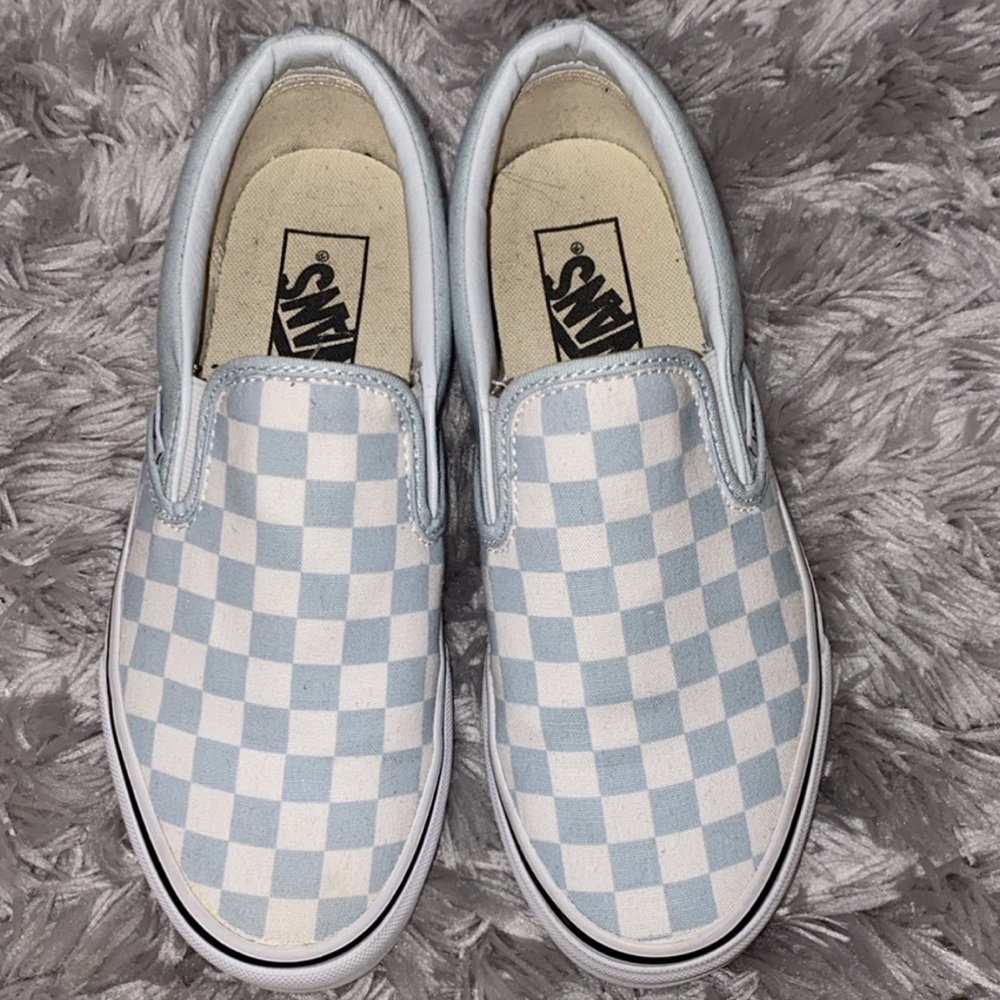 Baby blue checkered slip on vans